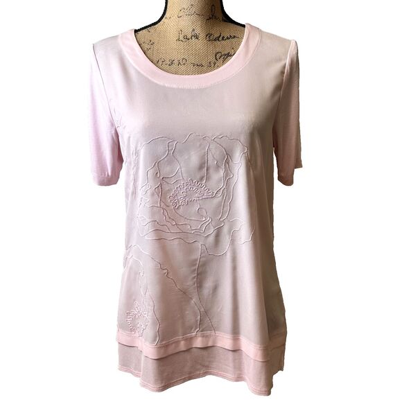 Bianca Women's Light Pink Embroidered Rose Short Sleeve Top Blouse T-shirt Sz 8 - Picture 1 of 15